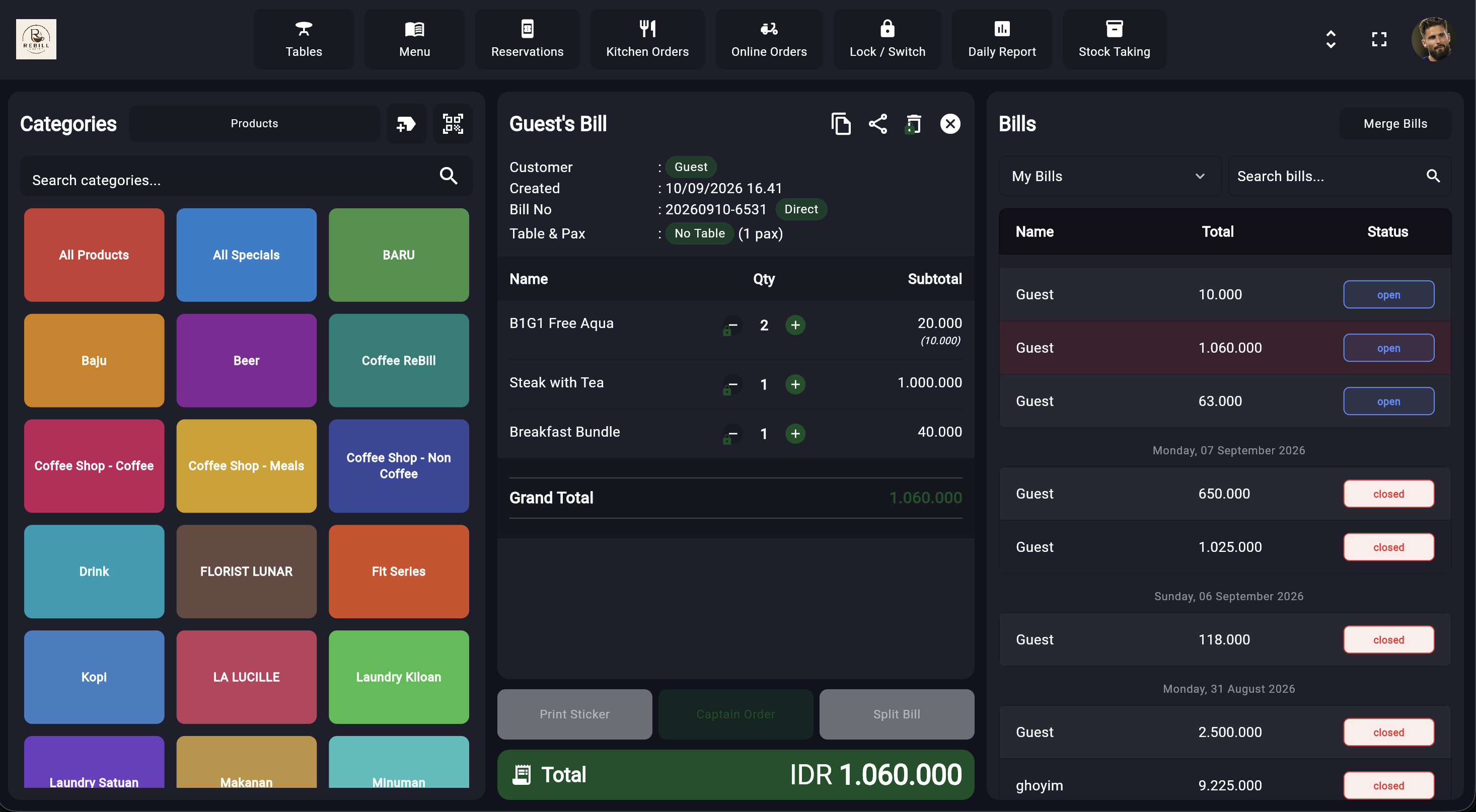 ReBill POS on a landscape tablet, showing orders and billing in dark mode