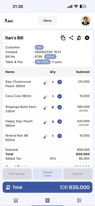 ReBill POS on an Android phone, showing a mobile bill