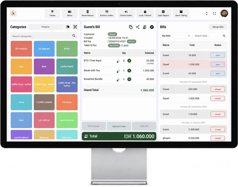 Tampilan pesanan dan tagihan pada ReBill POS