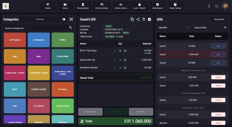 ReBill POS on a landscape tablet, showing orders and billing in dark mode